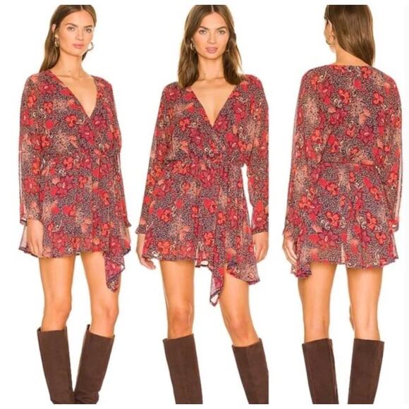Free People Floral Scarf Teagan Mini Dress V Neck Size Small, BOHO - Picture 1 of 6